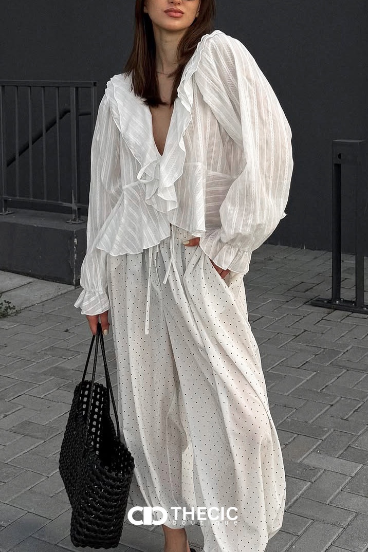 Ruffled V-Neck Tie-Front Sheer Blouse