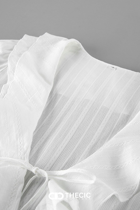 Ruffled V-Neck Tie-Front Sheer Blouse