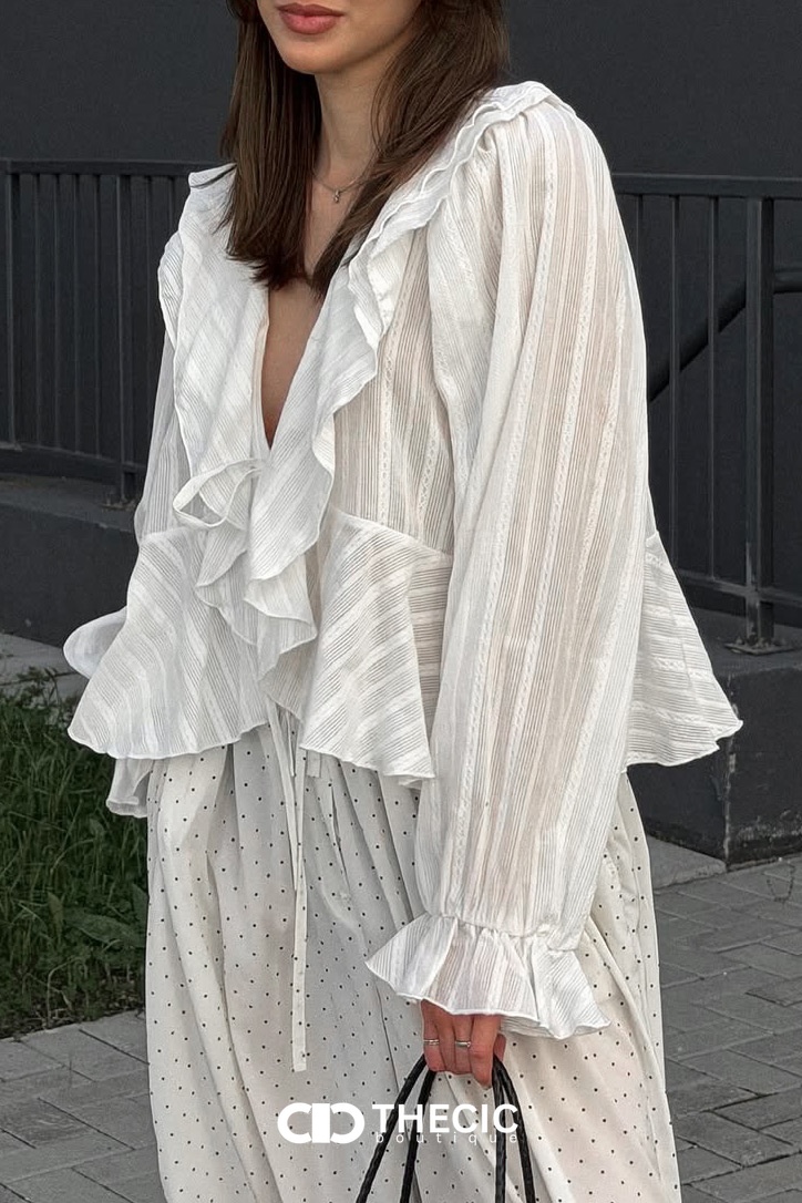 Ruffled V-Neck Tie-Front Sheer Blouse
