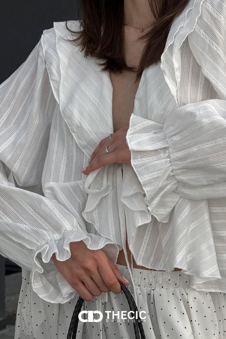 Ruffled V-Neck Tie-Front Sheer Blouse