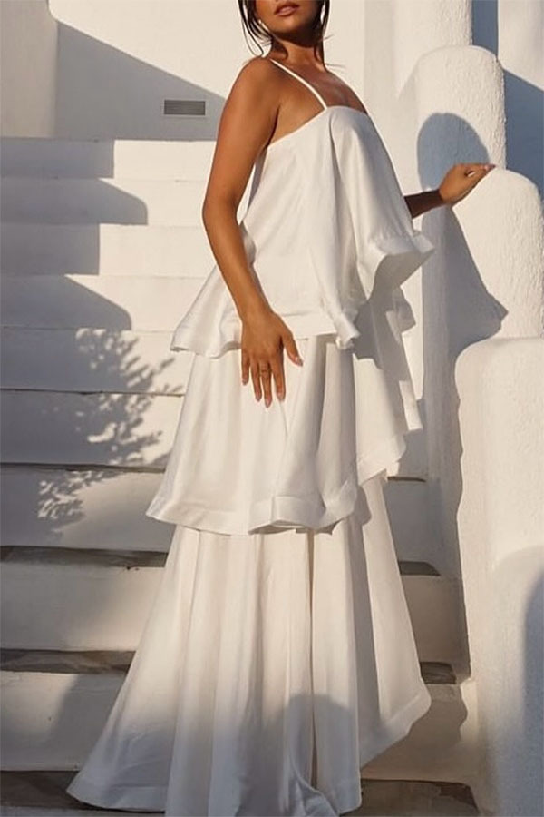 Satin-Blend Cascading Tiered Spaghetti Strap Maxi Dress