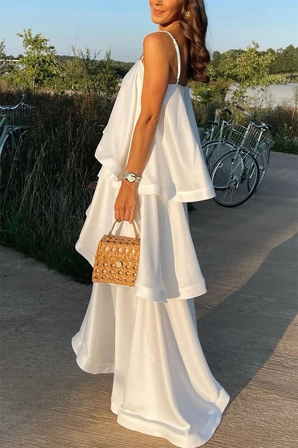 Satin-Blend Cascading Tiered Spaghetti Strap Maxi Dress