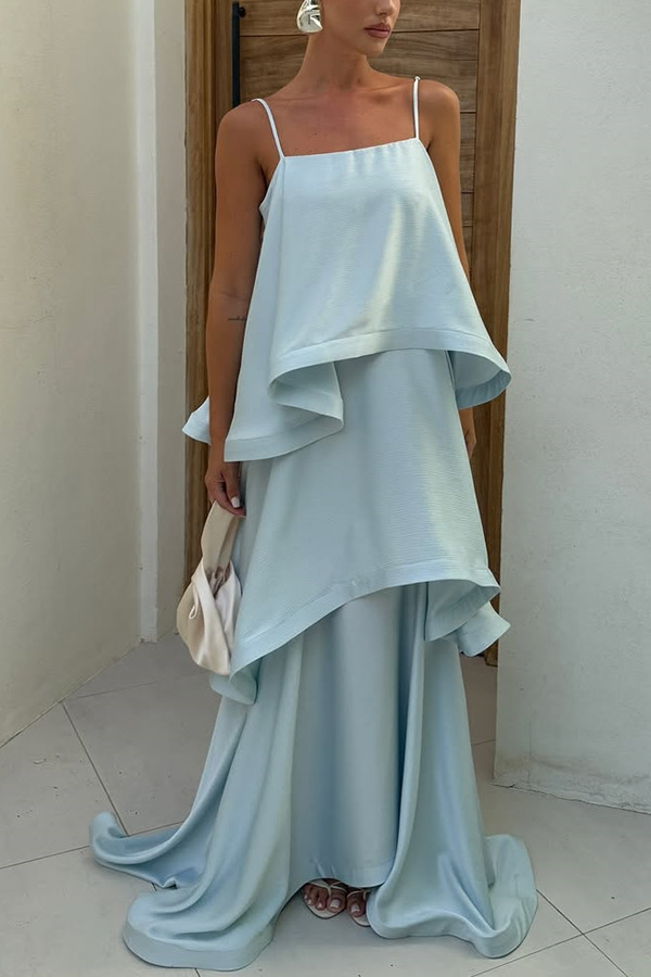Satin-Blend Cascading Tiered Spaghetti Strap Maxi Dress