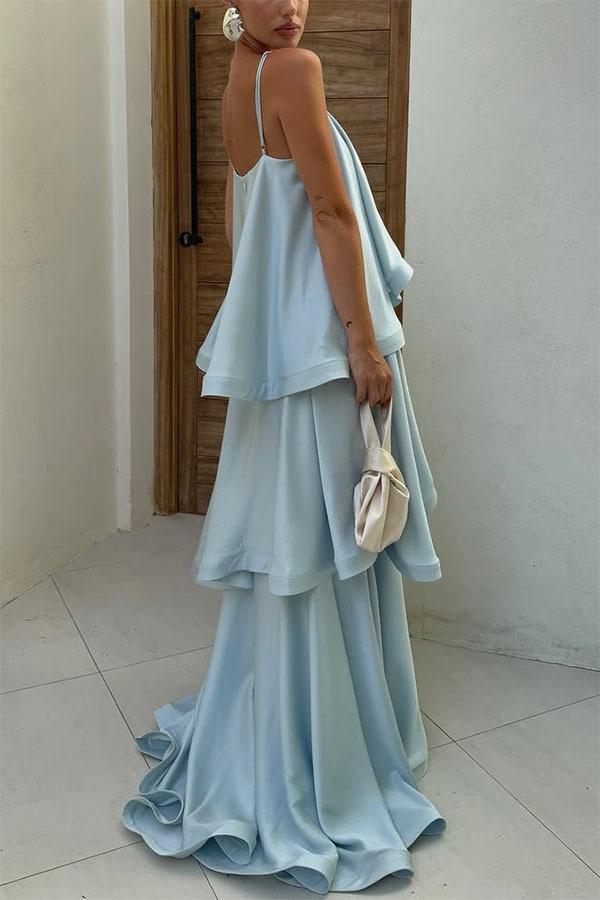 Satin-Blend Cascading Tiered Spaghetti Strap Maxi Dress