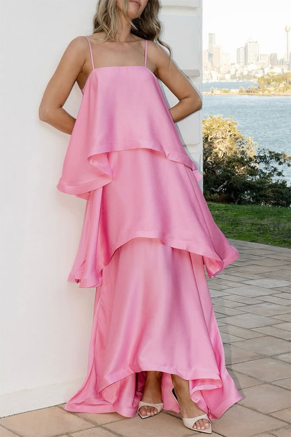 Satin-Blend Cascading Tiered Spaghetti Strap Maxi Dress