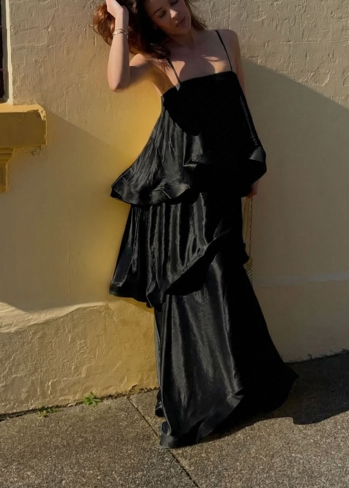 Satin-Blend Cascading Tiered Spaghetti Strap Maxi Dress