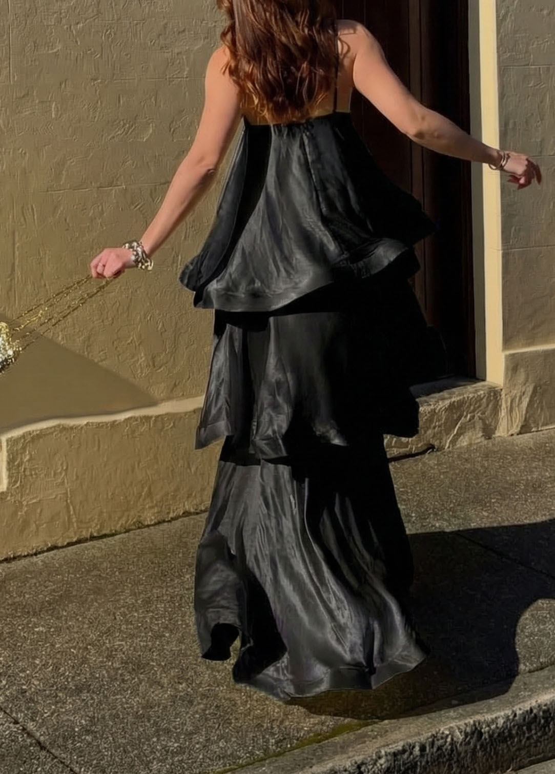 Satin-Blend Cascading Tiered Spaghetti Strap Maxi Dress