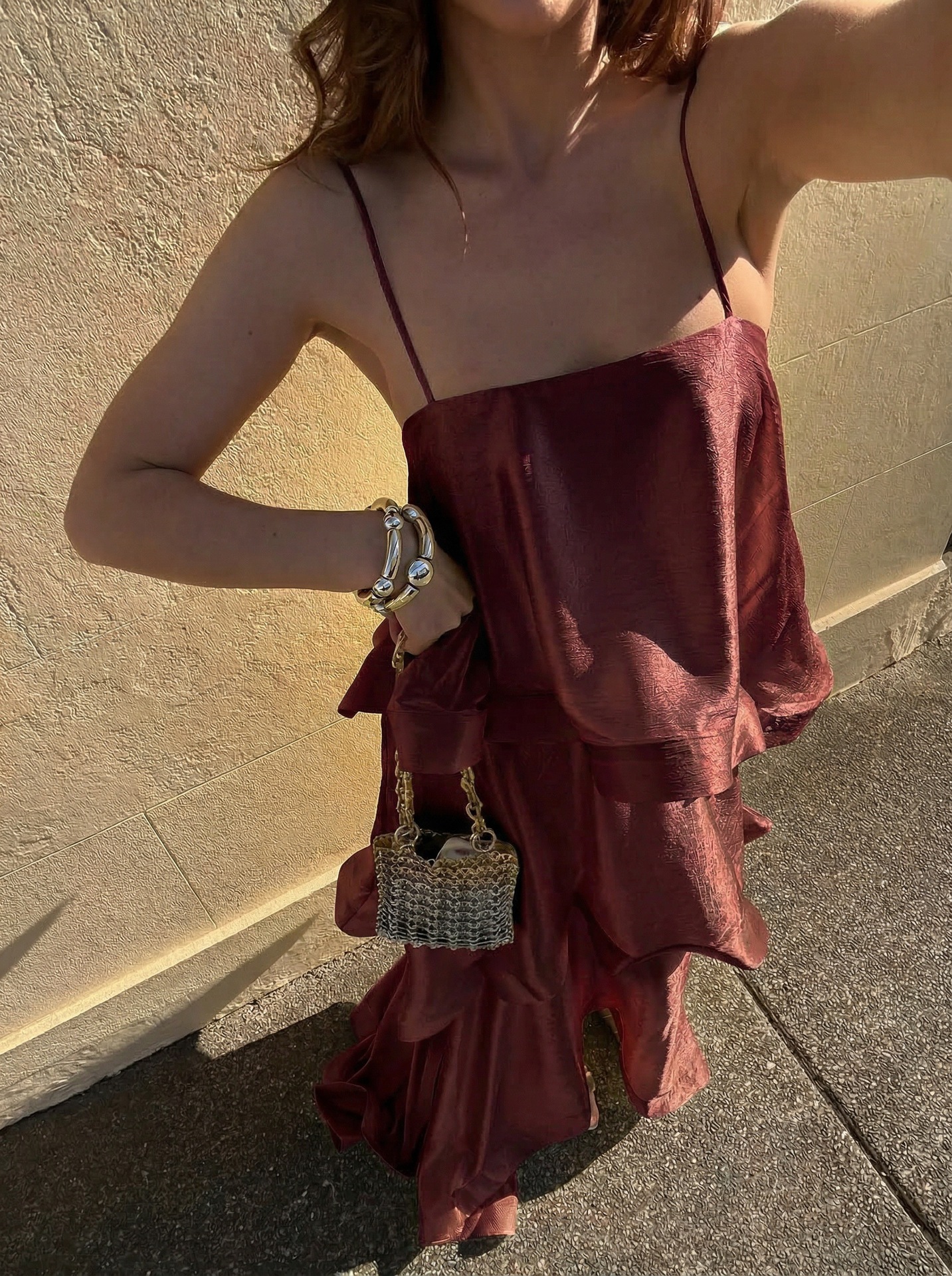 Satin-Blend Cascading Tiered Spaghetti Strap Maxi Dress