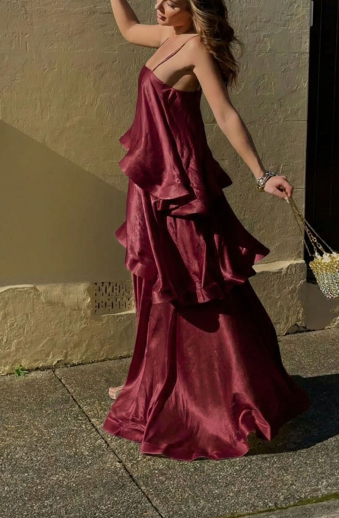 Satin-Blend Cascading Tiered Spaghetti Strap Maxi Dress