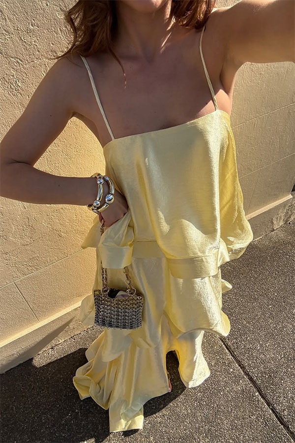 Satin-Blend Cascading Tiered Spaghetti Strap Maxi Dress