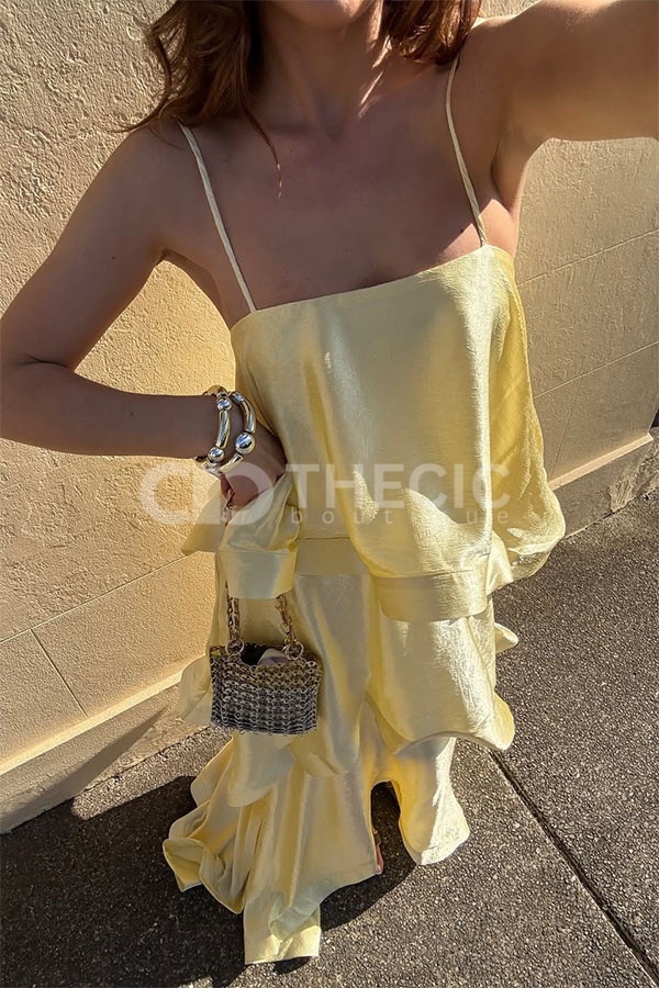 Satin-Blend Cascading Tiered Spaghetti Strap Maxi Dress