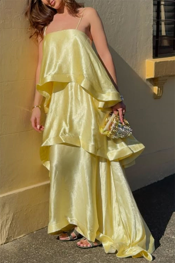 Satin-Blend Cascading Tiered Spaghetti Strap Maxi Dress