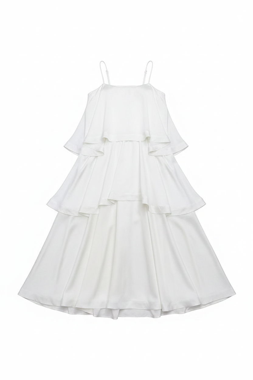 Satin-Blend Cascading Tiered Spaghetti Strap Maxi Dress