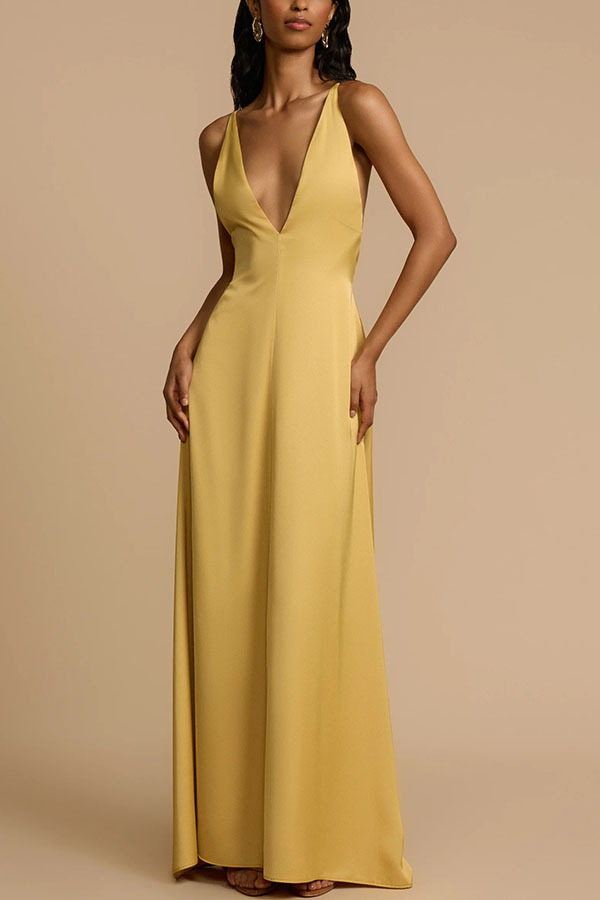 Satin-Blend Deep V-Neck Beaded Back Maxi Dress