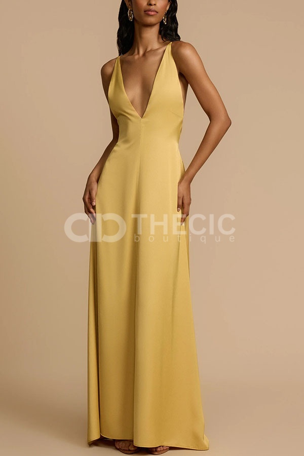 Satin-Blend Deep V-Neck Beaded Back Maxi Dress