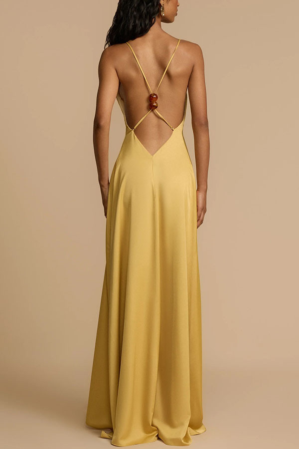 Satin-Blend Deep V-Neck Beaded Back Maxi Dress