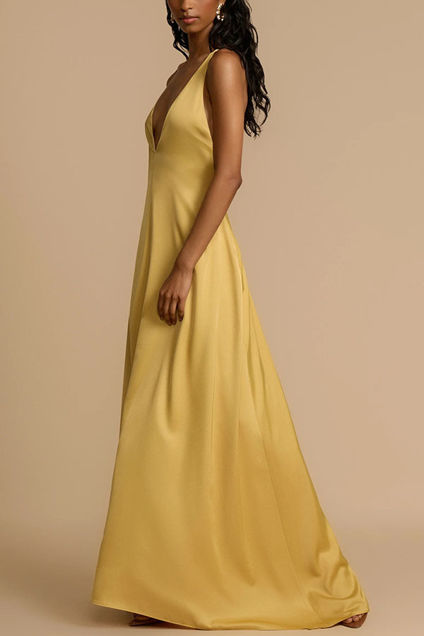 Satin-Blend Deep V-Neck Beaded Back Maxi Dress