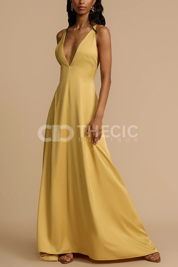 Satin-Blend Deep V-Neck Beaded Back Maxi Dress