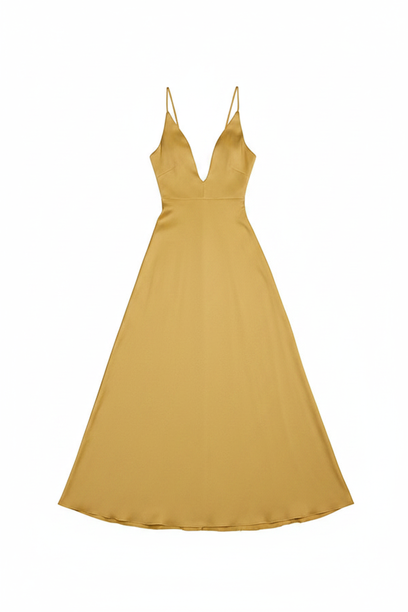 Satin-Blend Deep V-Neck Beaded Back Maxi Dress