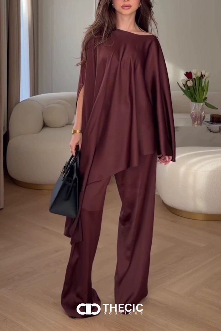 Satin-Blend Draped Asymmetrical Wide-Leg Pant Set