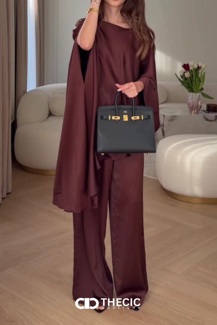 Satin-Blend Draped Asymmetrical Wide-Leg Pant Set