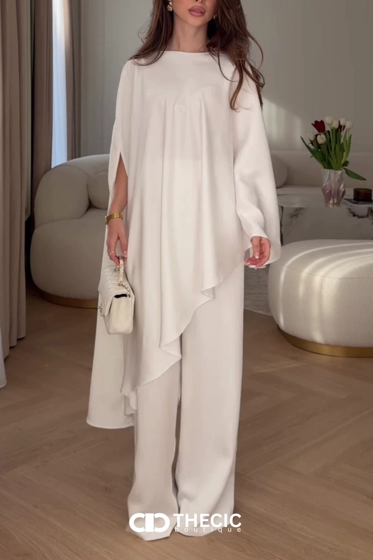 Satin-Blend Draped Asymmetrical Wide-Leg Pant Set