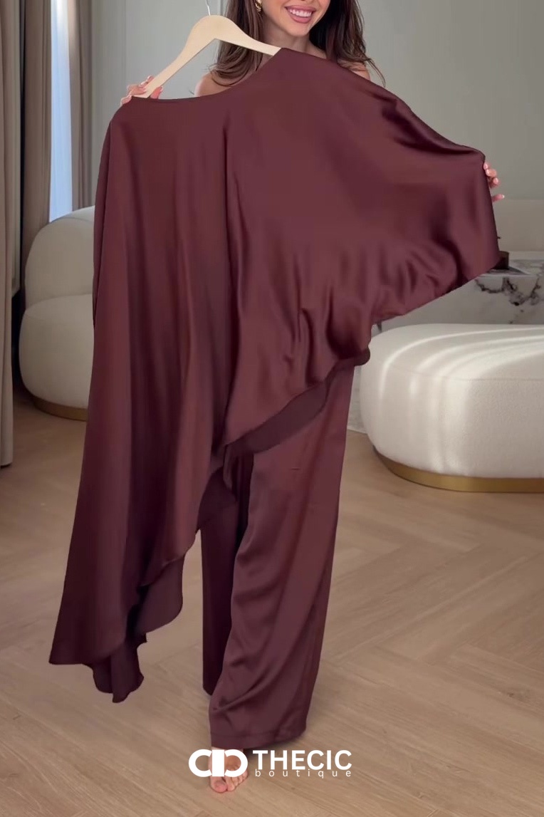 Satin-Blend Draped Asymmetrical Wide-Leg Pant Set