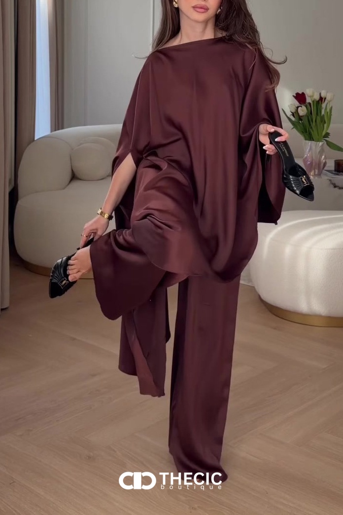 Satin-Blend Draped Asymmetrical Wide-Leg Pant Set