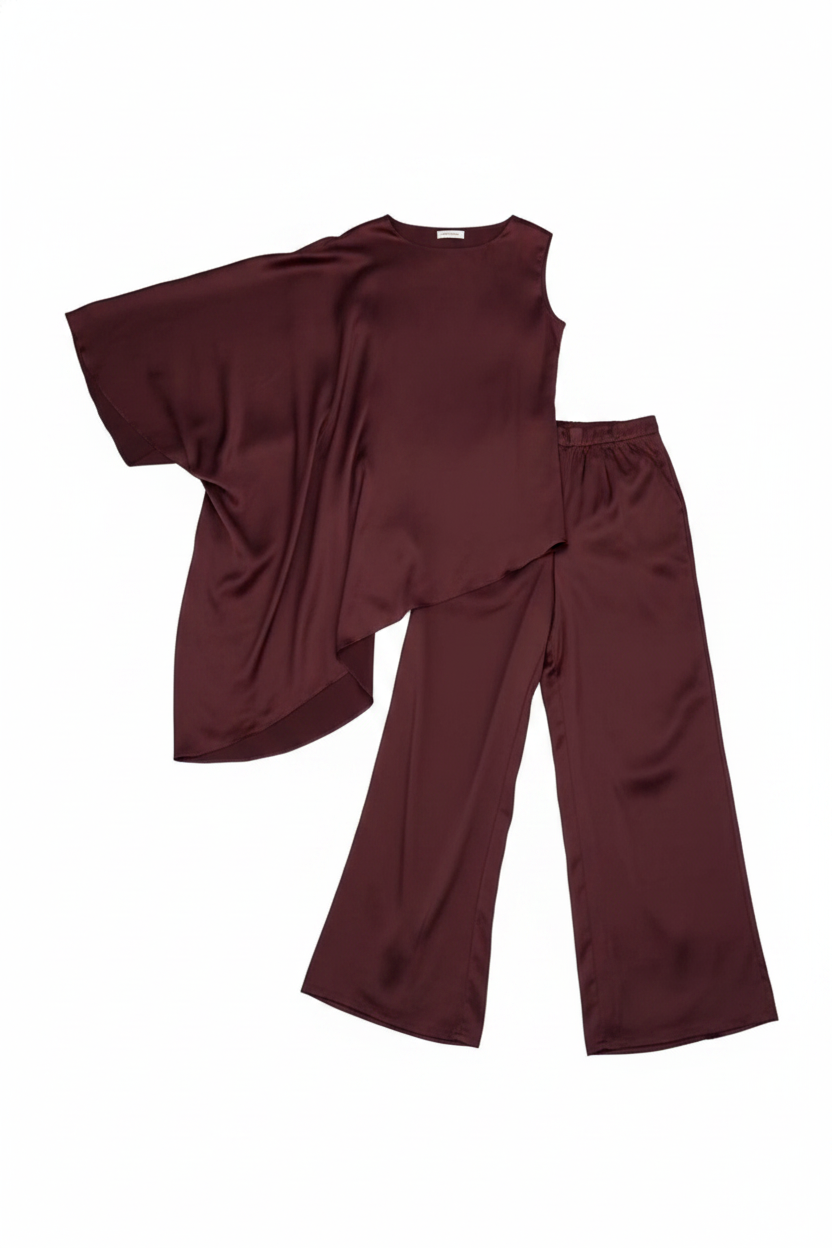 Satin-Blend Draped Asymmetrical Wide-Leg Pant Set