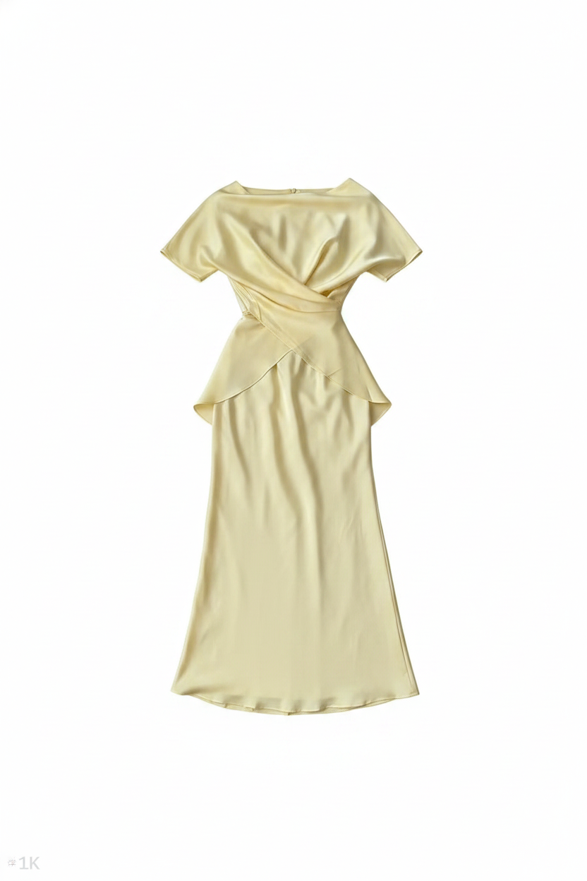 Satin Draped Asymmetrical Waist Midi Dress