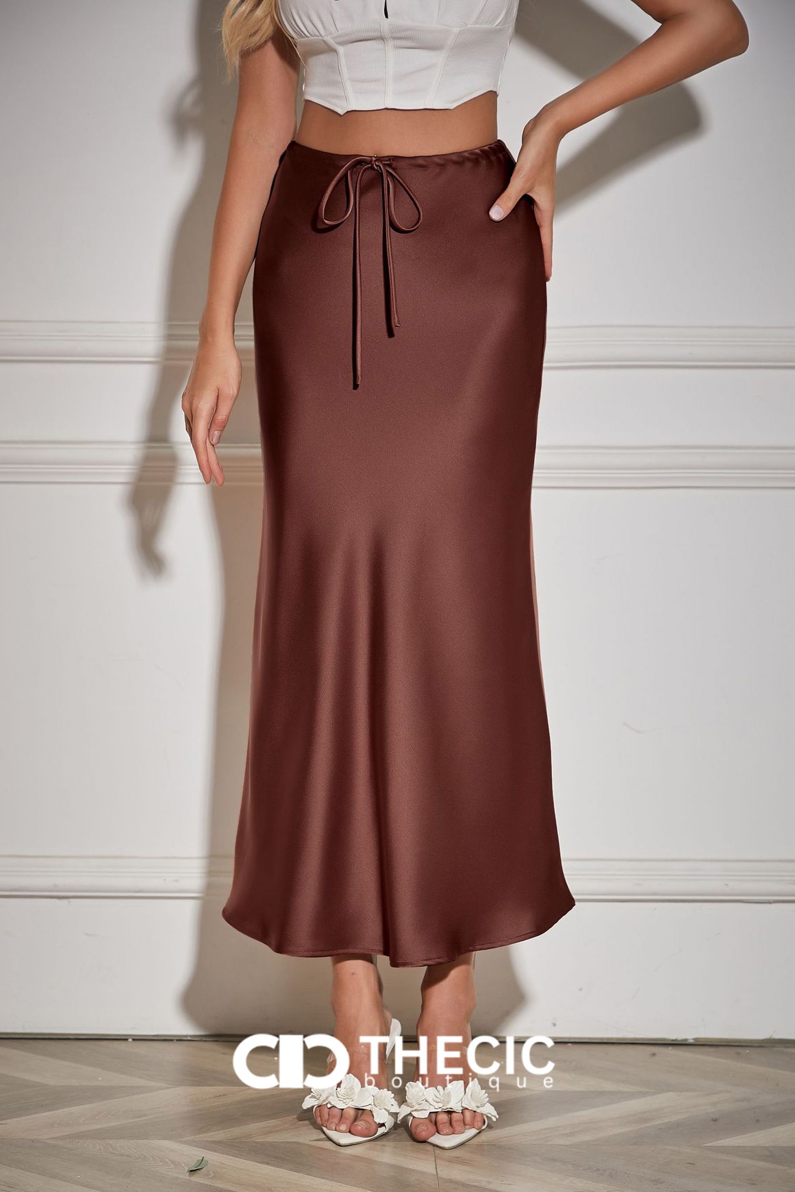 Satin Drawstring Waist Slip Maxi Skirt