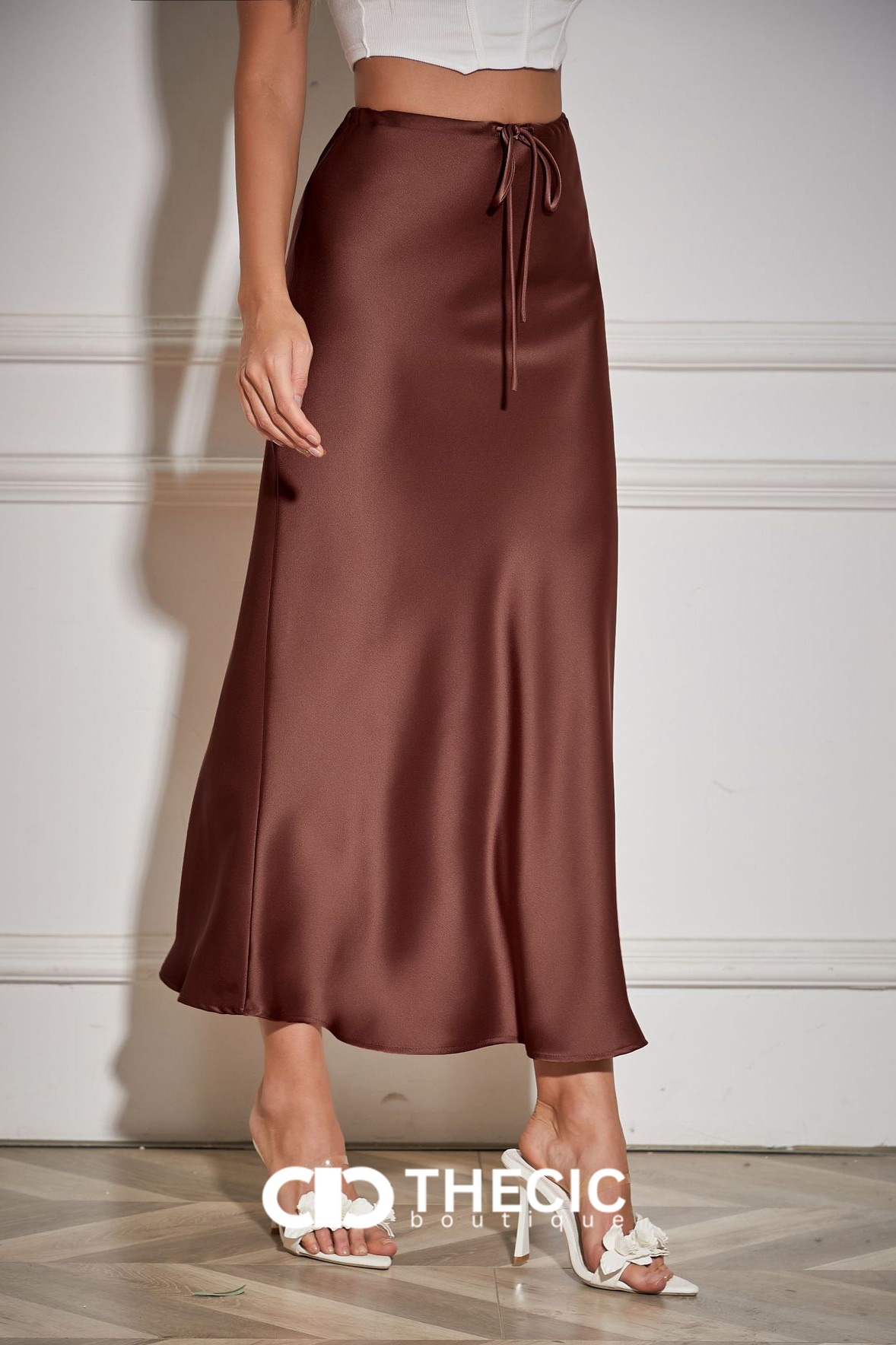 Satin Drawstring Waist Slip Maxi Skirt