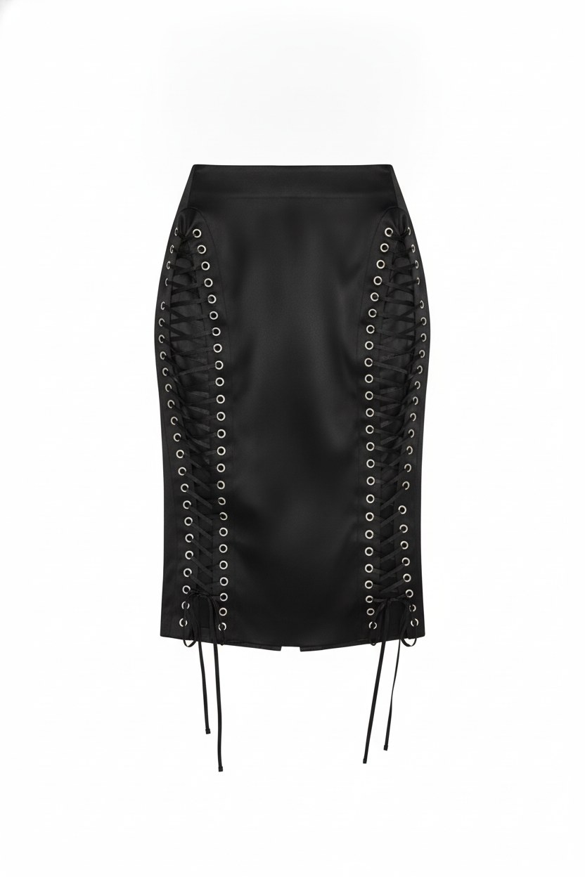 Satin-Effect Lace-Up Side Midi Skirt