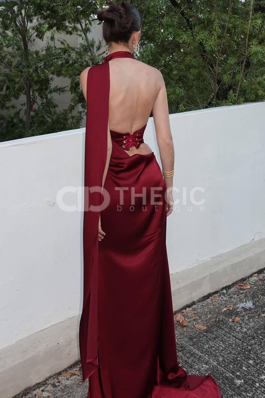 Satin Halter Draped Backless Lace-Up Maxi Gown