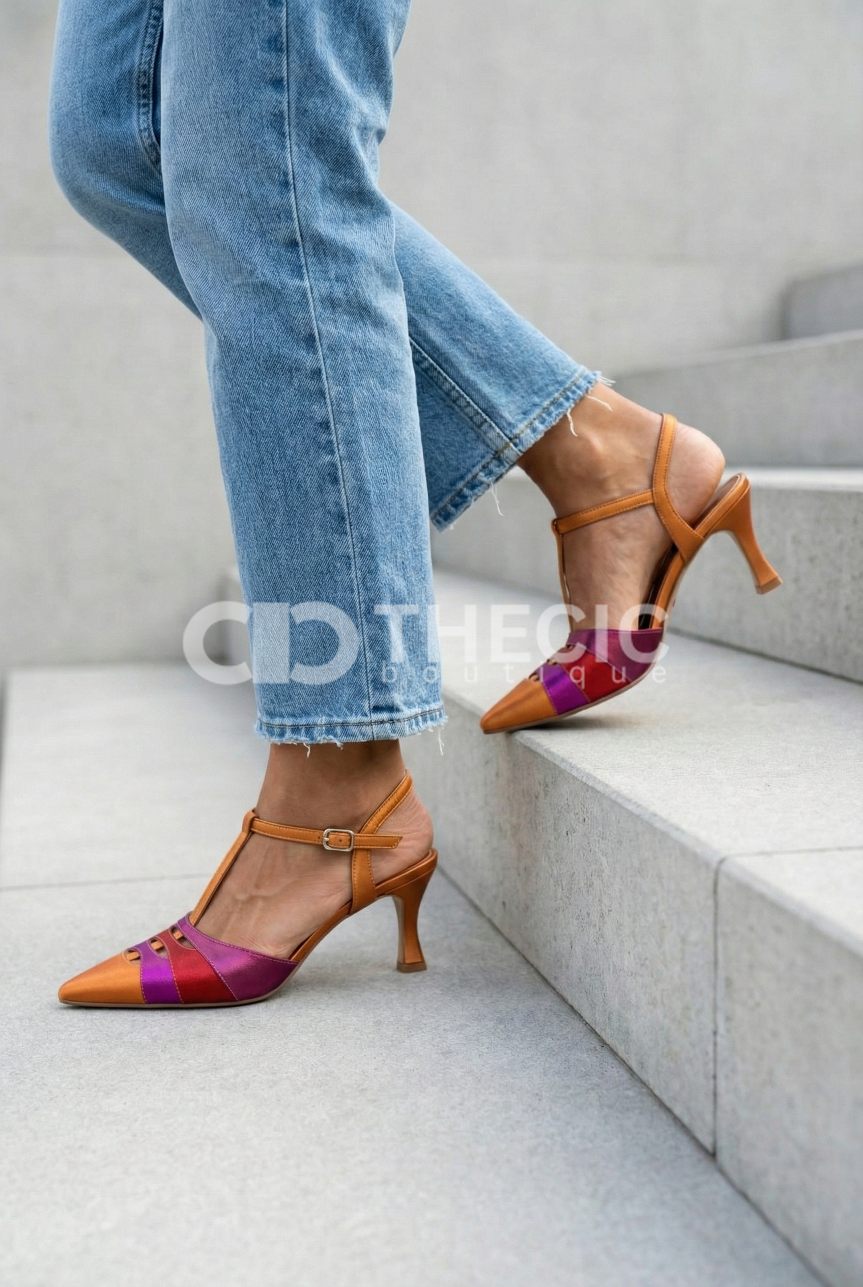 Satin Panel Pointed-Toe T-Strap Kitten Heels