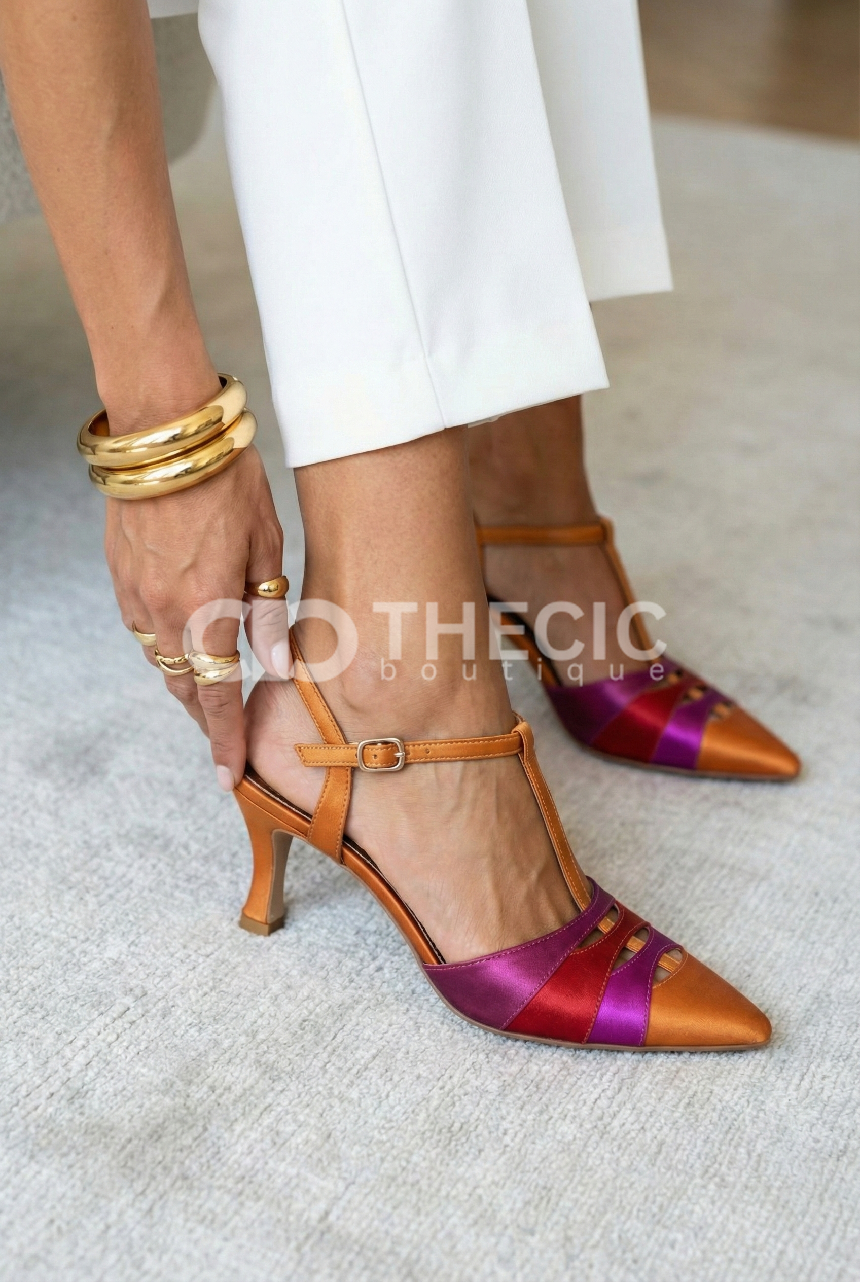 Satin Panel Pointed-Toe T-Strap Kitten Heels