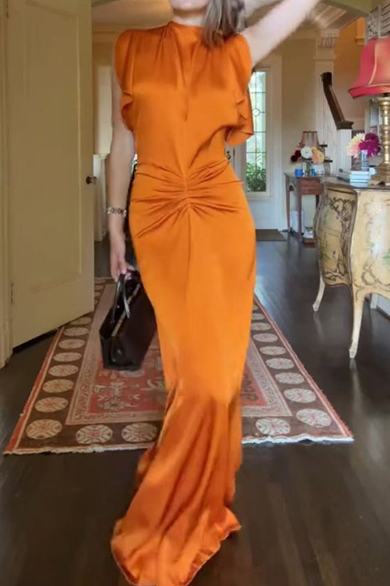 Satin Ruched Cap-Sleeve Open-Back Maxi Dress