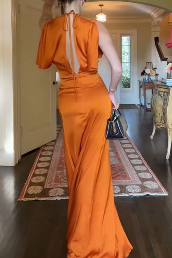 Satin Ruched Cap-Sleeve Open-Back Maxi Dress