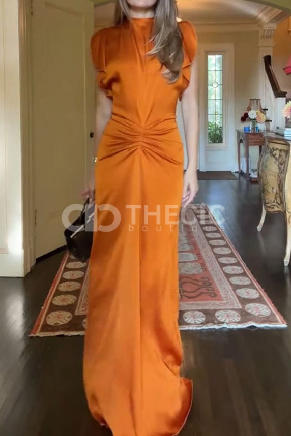 Satin Ruched Cap-Sleeve Open-Back Maxi Dress