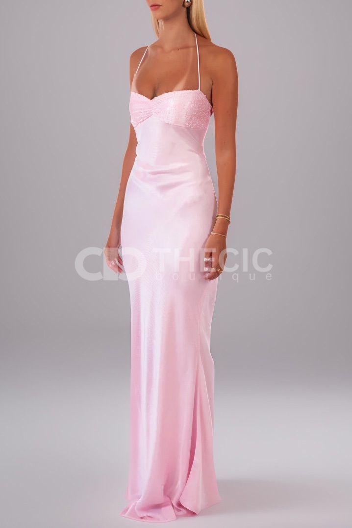 Satin Sequin Ruched Halter Backless Maxi Dress