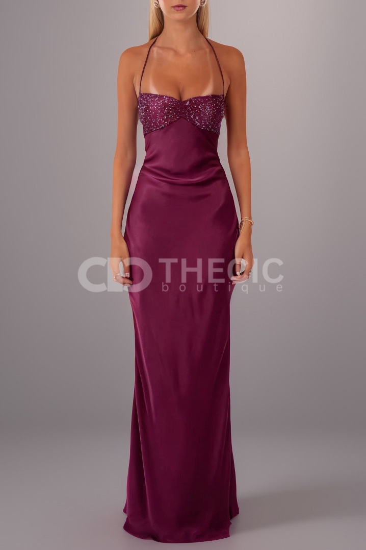Satin Sequin Ruched Halter Backless Maxi Dress