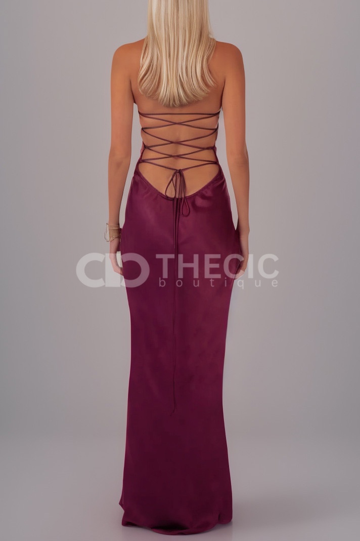 Satin Sequin Ruched Halter Backless Maxi Dress