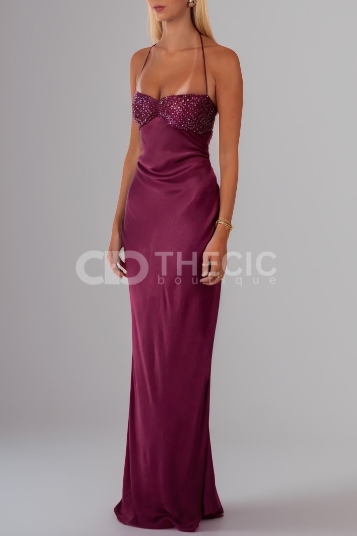 Satin Sequin Ruched Halter Backless Maxi Dress