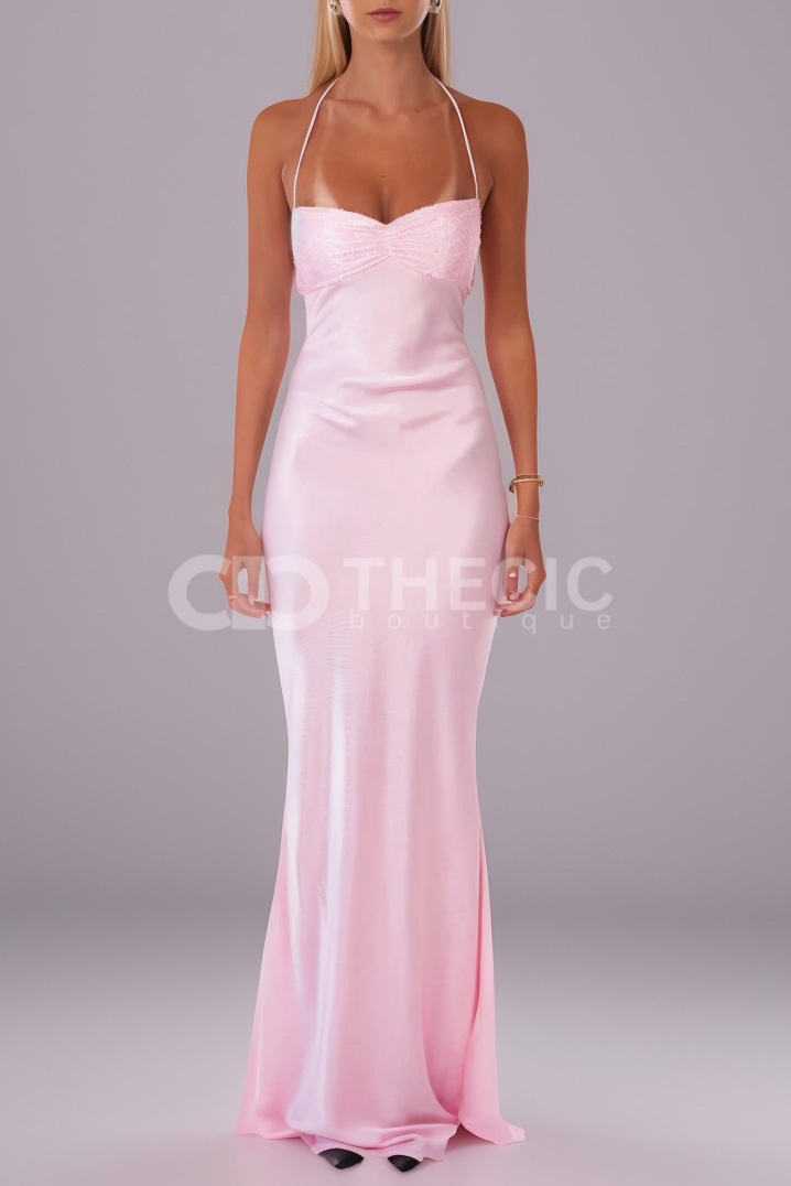 Satin Sequin Ruched Halter Backless Maxi Dress