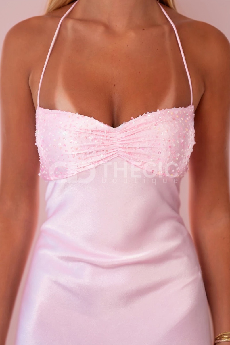 Satin Sequin Ruched Halter Backless Maxi Dress