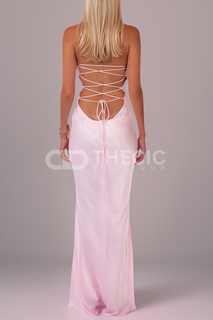 Satin Sequin Ruched Halter Backless Maxi Dress