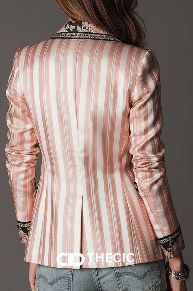 Satin Striped Floral Embroidered Tailored Blazer