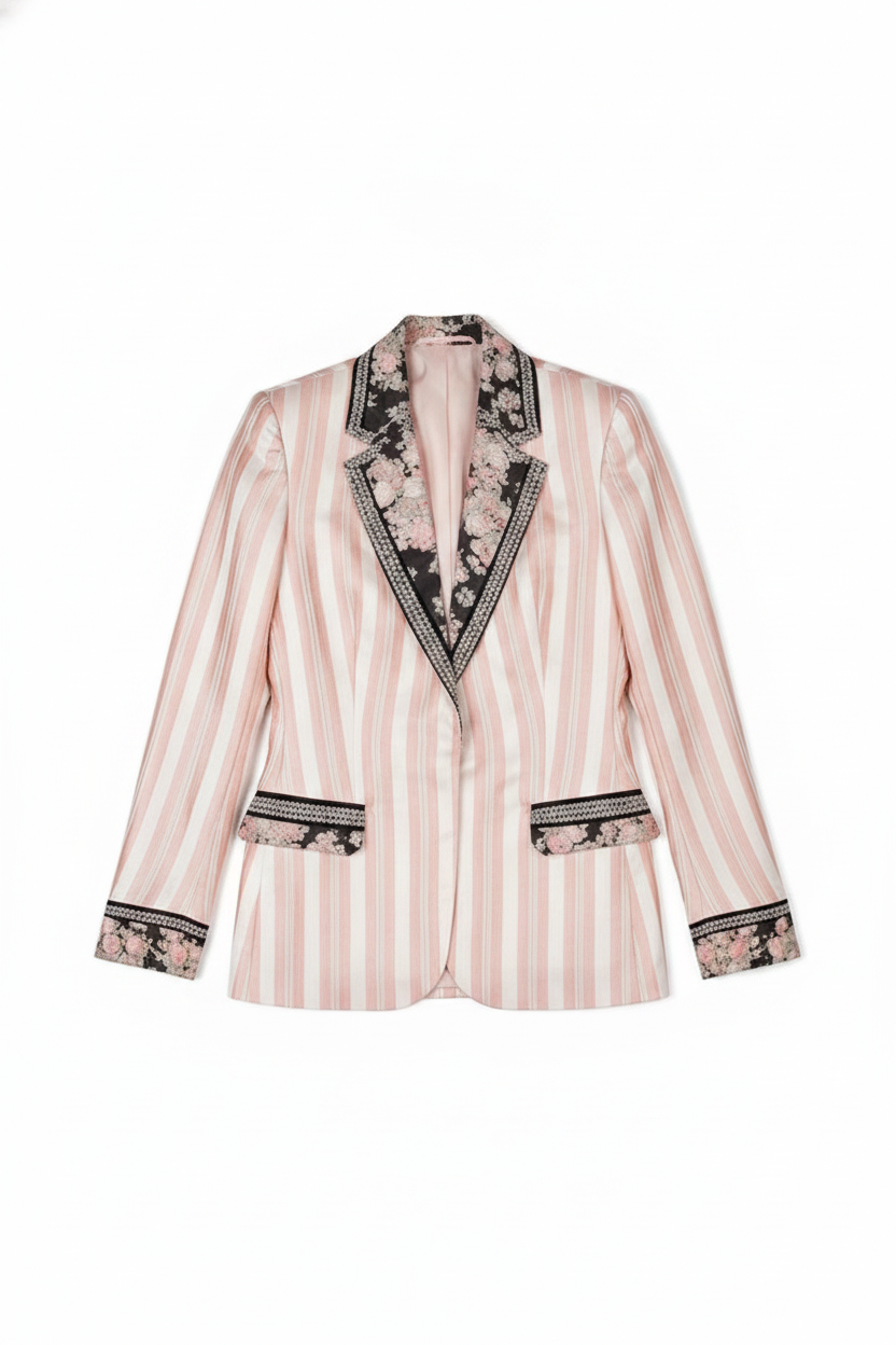 Satin Striped Floral Embroidered Tailored Blazer