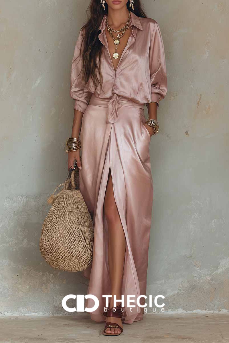 Satin Tie-Waist Wrap Maxi Two-Piece Set