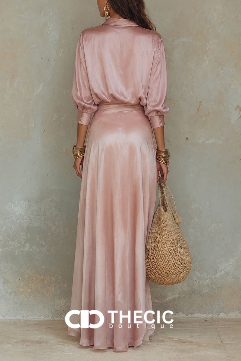 Satin Tie-Waist Wrap Maxi Two-Piece Set